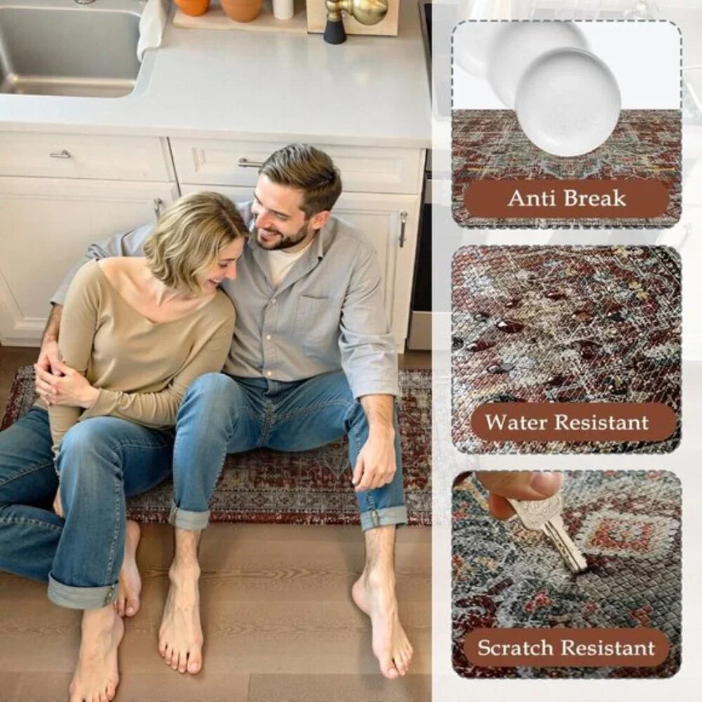 New Set of 2 Vintage Red Kitchen Rug, Anti-Fatigue, Non-Slip, Waterproof Mats
